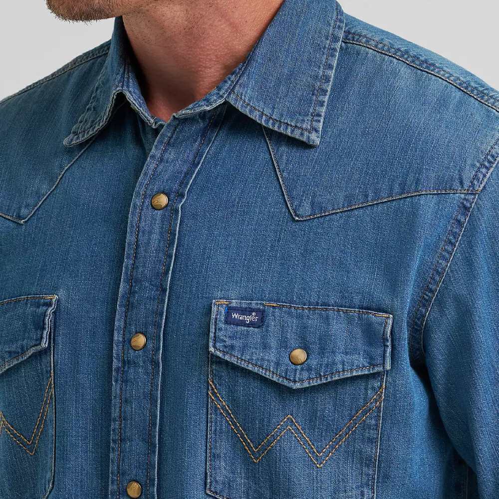 Wrangler Mens Classic Denim Western Snap Shirt Mid Wash Denim - 112361701 - Image 3