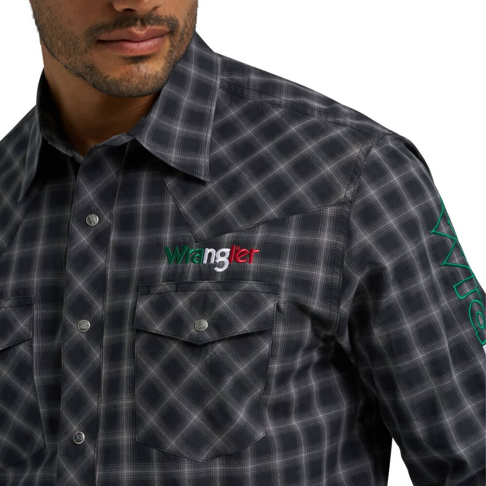 Wrangler Mens Mexico Logo Plaid Snap Shirt Black - 112369436 - Image 3