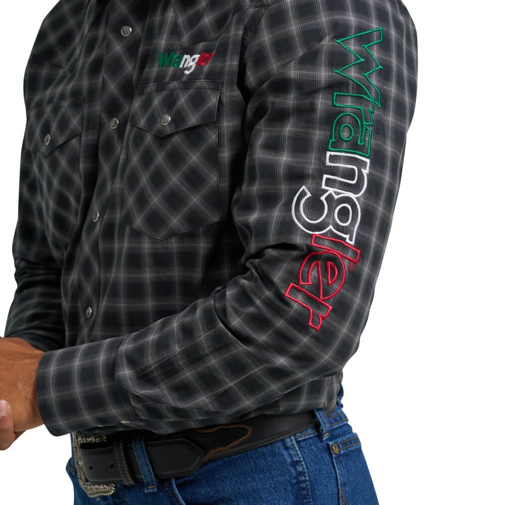 Wrangler Mens Mexico Logo Plaid Snap Shirt Black - 112369436 - Image 4