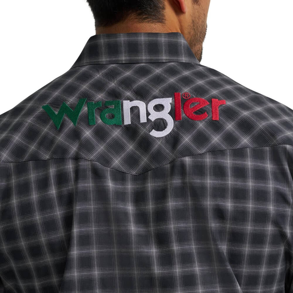 Wrangler Mens Mexico Logo Plaid Snap Shirt Black - 112369436 - Image 5