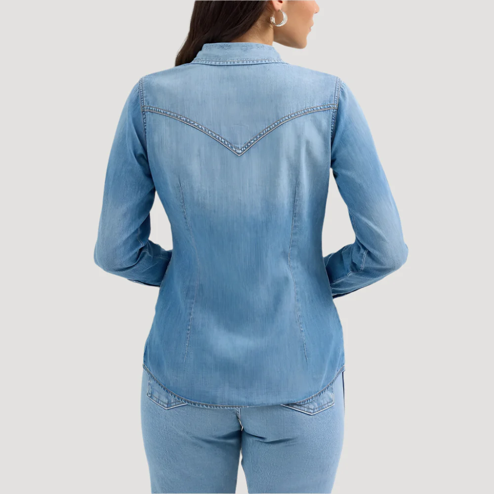 Wrangler Womens Denim Cowboy Pearl Snap Shirt Blue Denim - 112367313 - Image 3