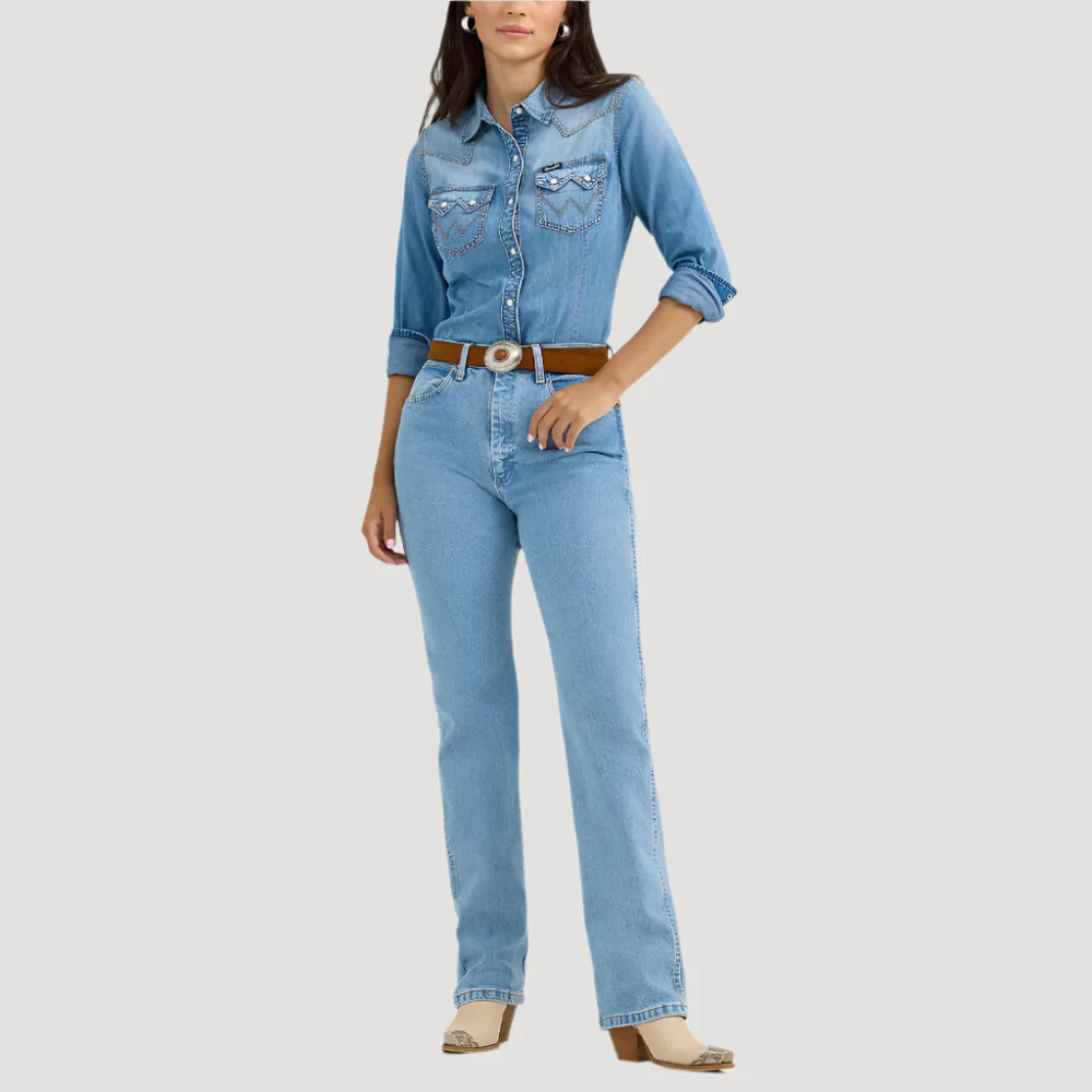 Wrangler Womens Denim Cowboy Pearl Snap Shirt Blue Denim - 112367313 - Image 4