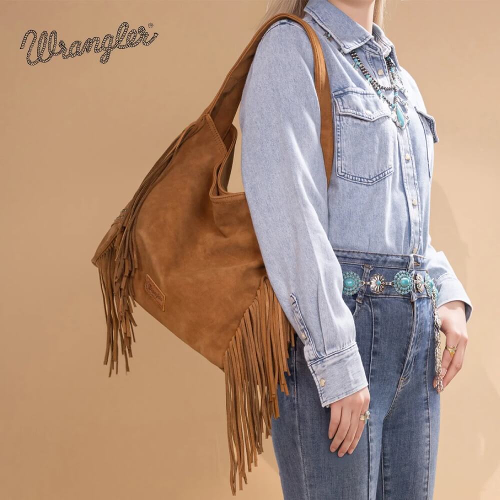 Wrangler Womens Fringe Studded Hobo Bag Brown - WG244-9182BR - Image 5