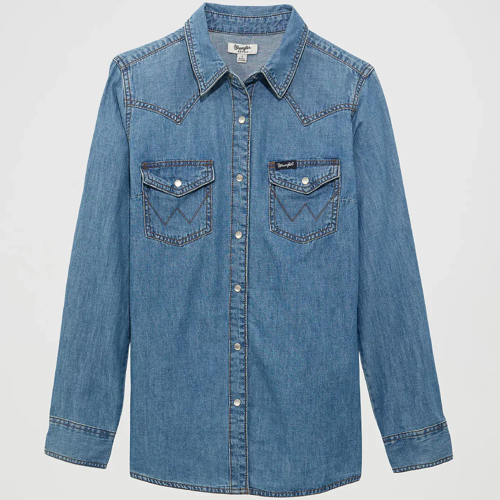Wrangler Womens Western Denim Pearl Snap Shirt Mid Denim - 10LW7006D - Image 4